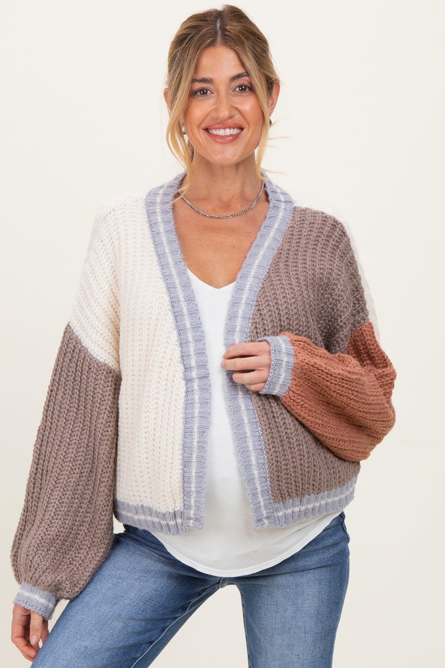 Cream/Mocha Oversized Color Block Maternity Cardigan