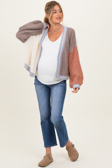 Cream/Mocha Oversized Color Block Maternity Cardigan