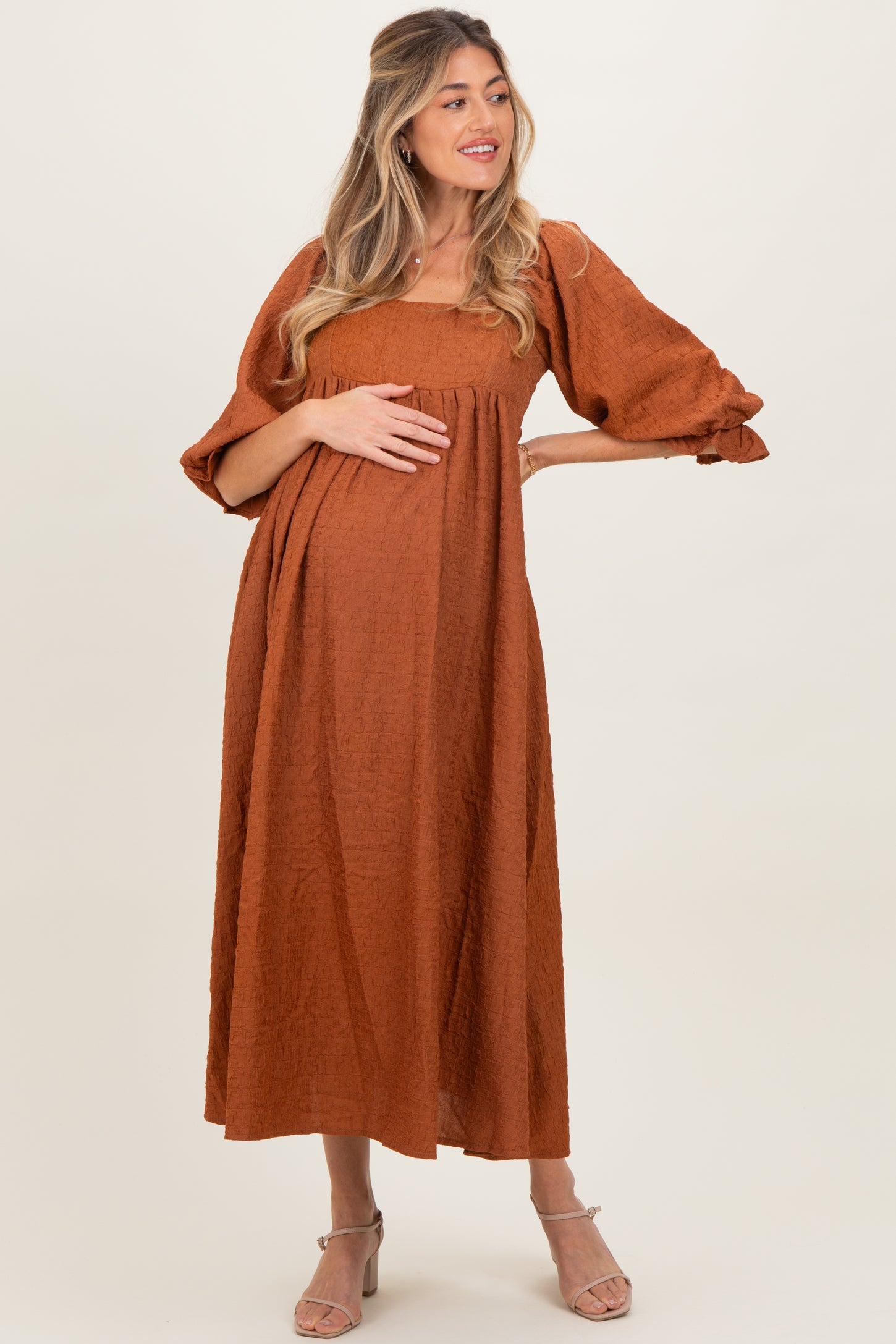 Rust Textured 3/4 Puff Sleeve Maternity Maxi Dress