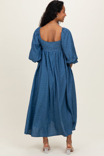 Blue Textured 3/4 Puff Sleeve Maternity Maxi Dress