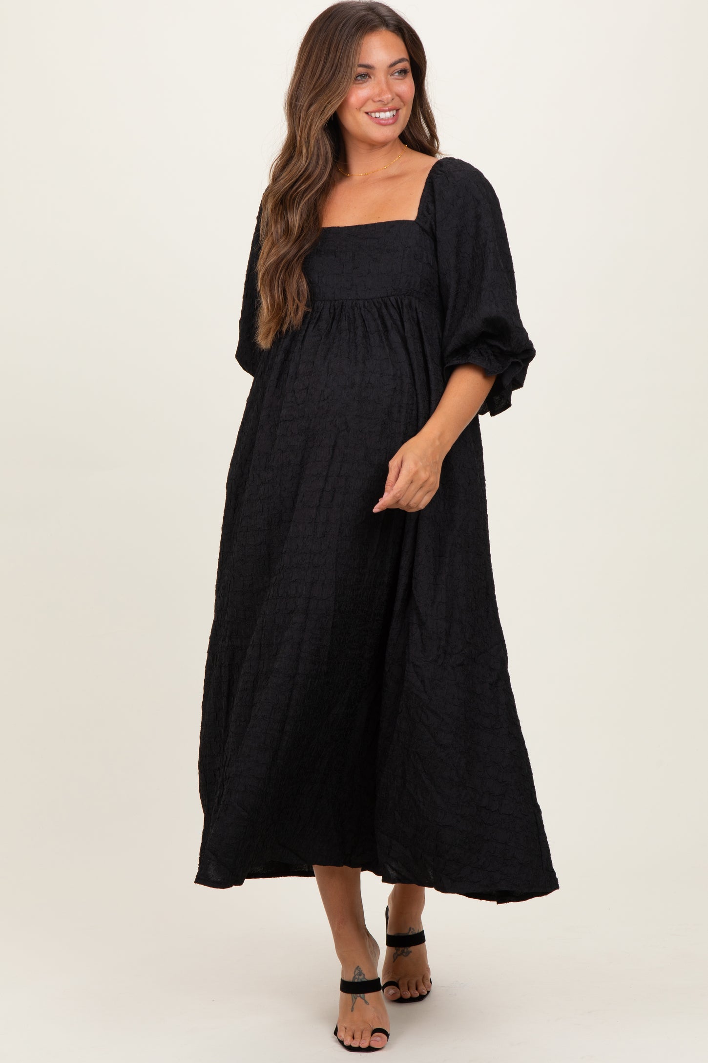Black Textured 3/4 Puff Sleeve Maternity Maxi Dress