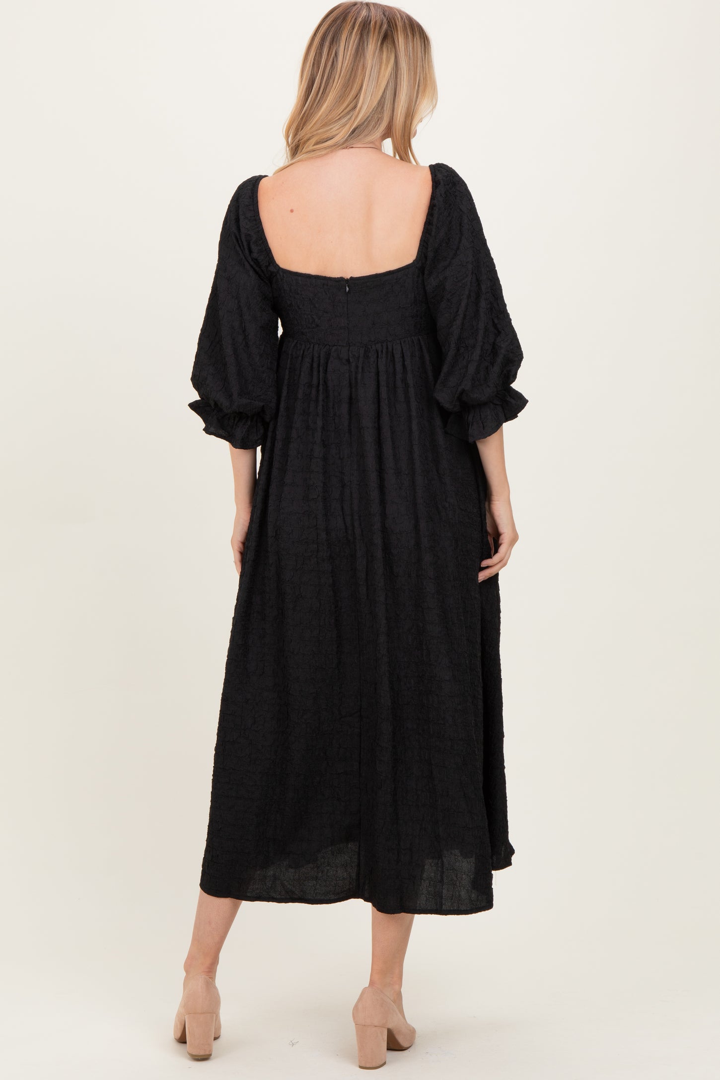 Black Textured 3/4 Puff Sleeve Maxi Dress