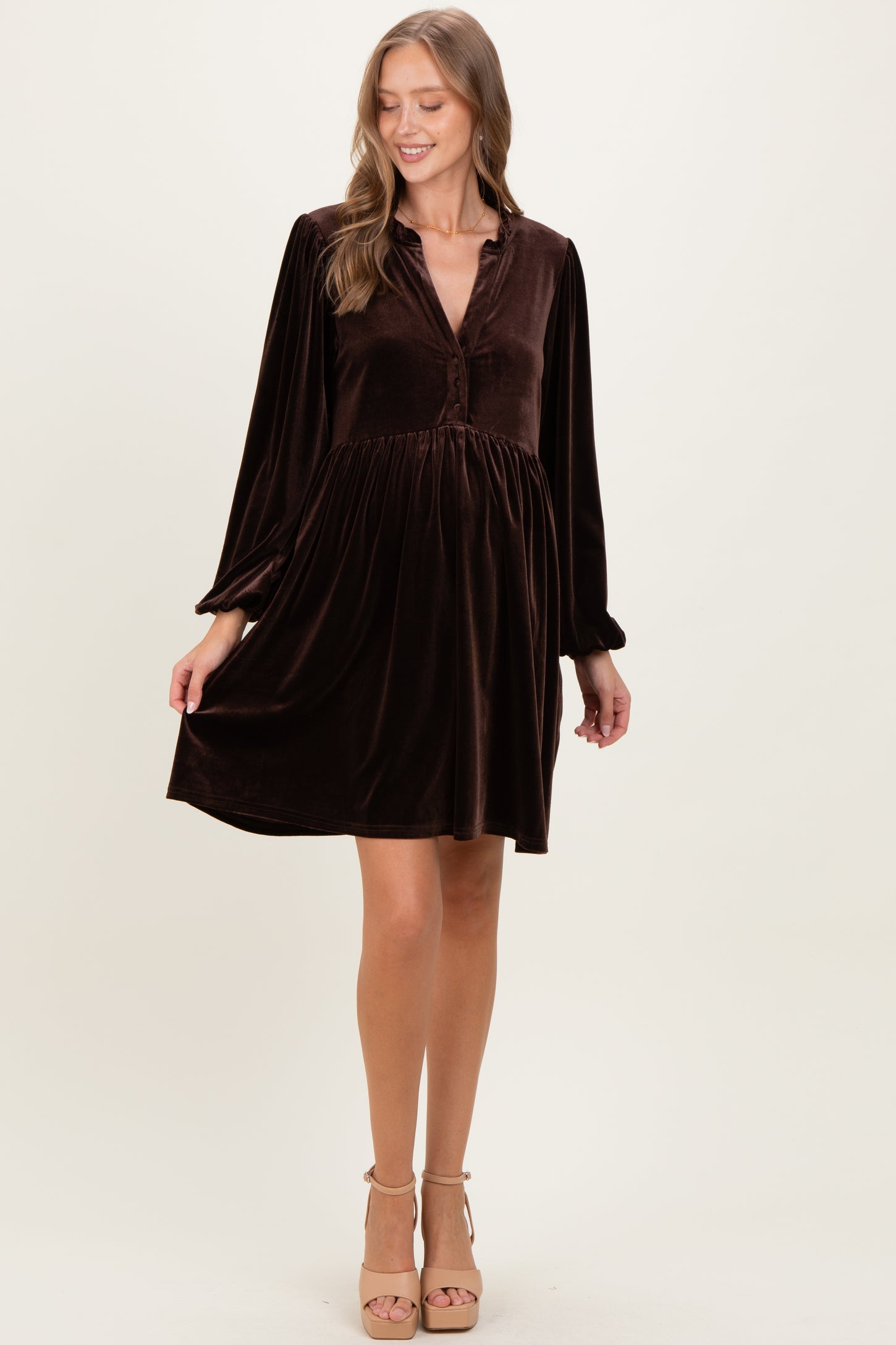 Brown Velvet Button Up V-Neck Maternity Dress