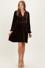 Brown Velvet Button Up V-Neck Maternity Dress