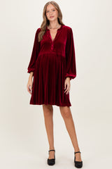 Burgundy Velvet Button Up V-Neck Maternity Dress