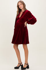Burgundy Velvet Button Up V-Neck Maternity Dress