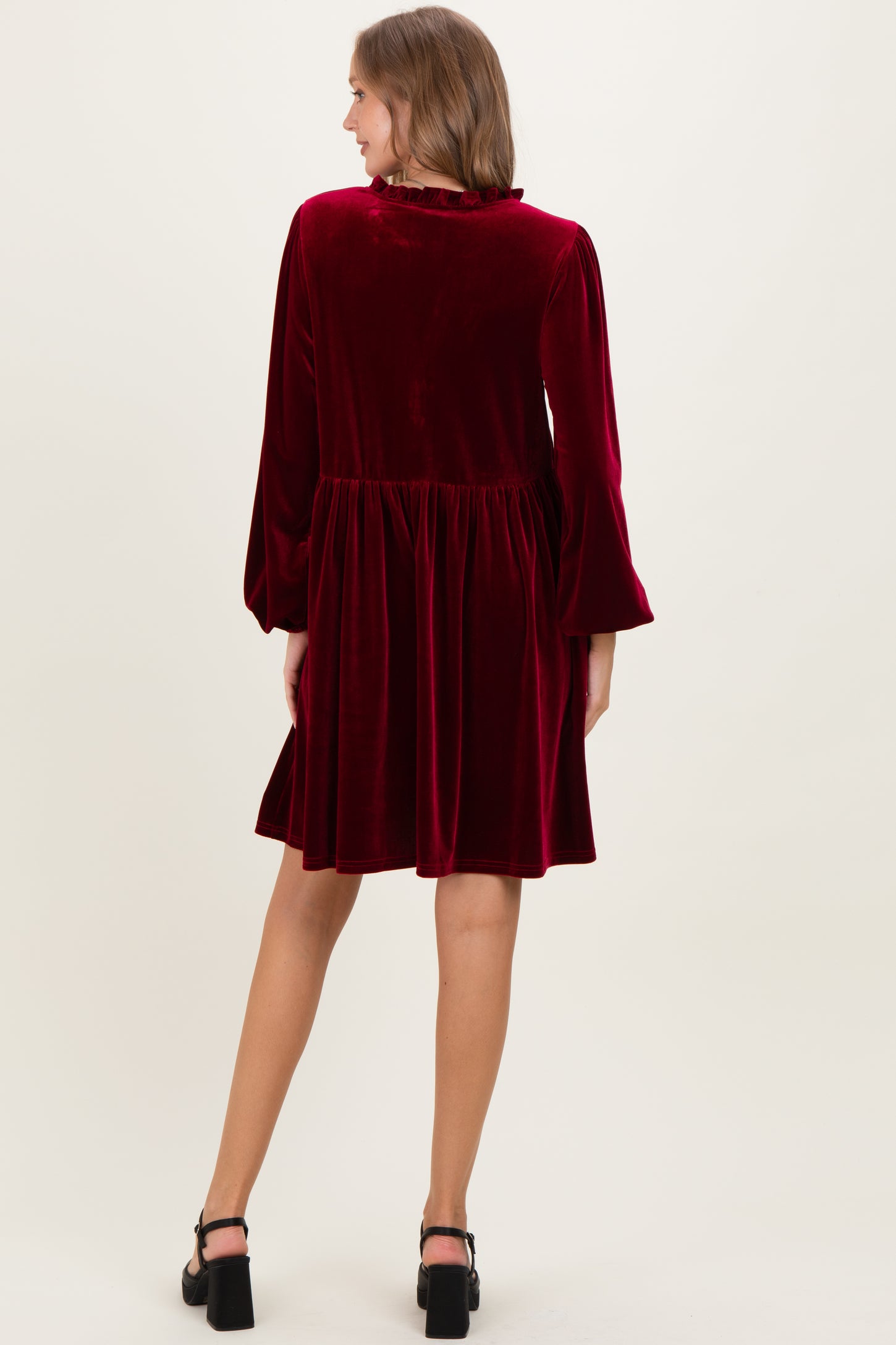Burgundy Velvet Button Up V-Neck Maternity Dress