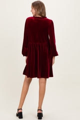 Burgundy Velvet Button Up V-Neck Maternity Dress