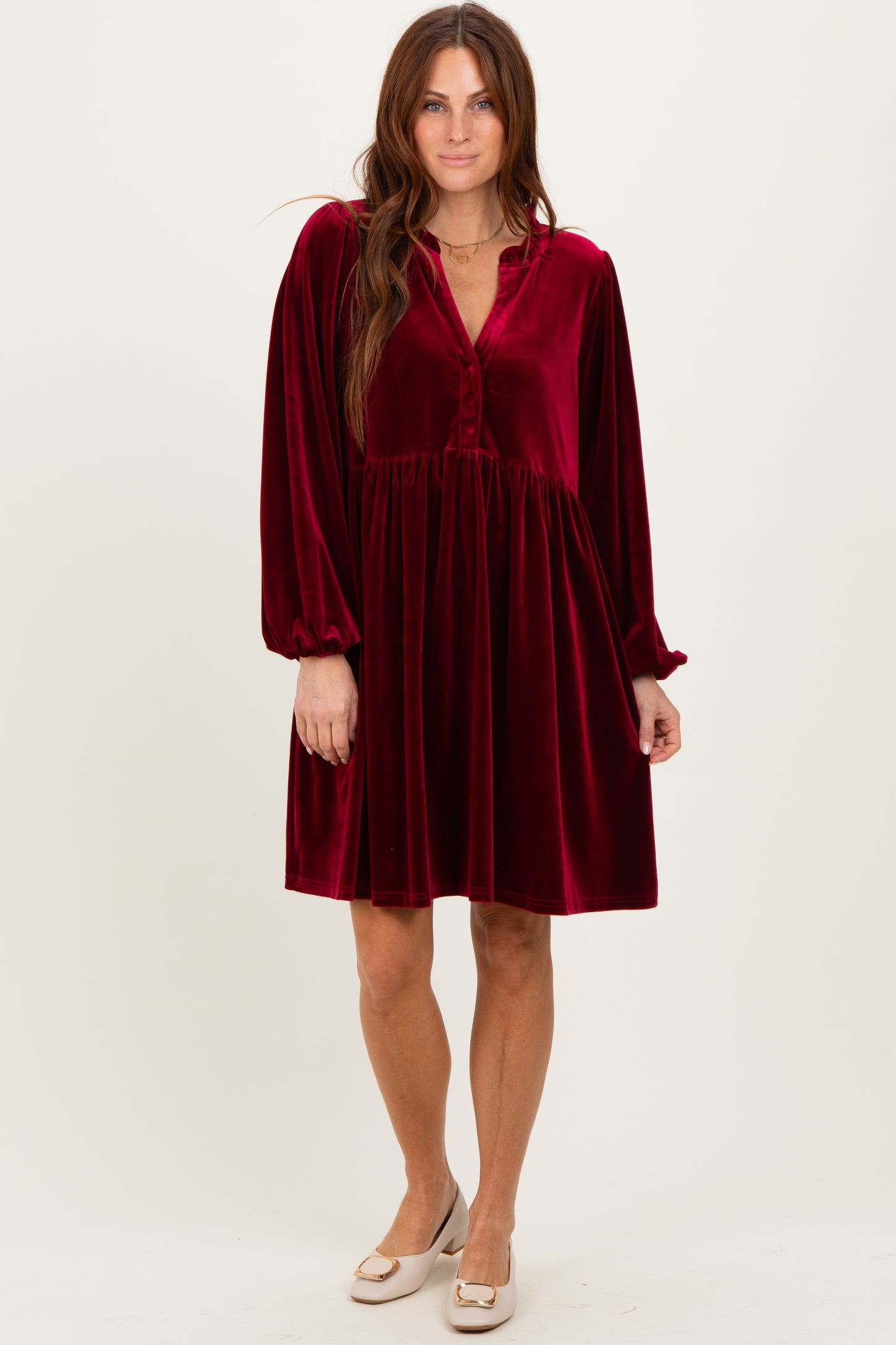 Burgundy Velvet Button Up V-Neck Maternity Dress