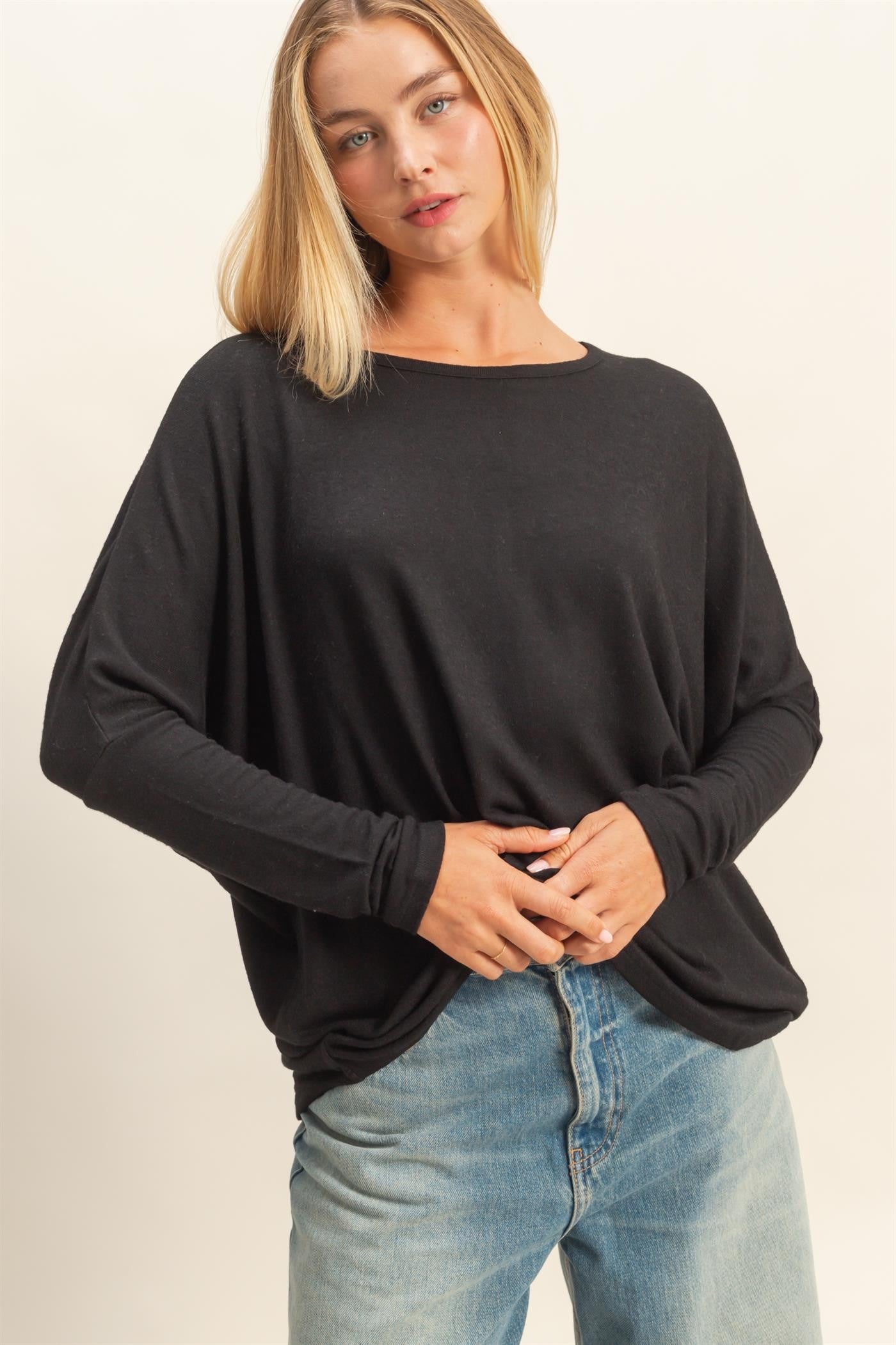 Black Relaxed Fit Dolman Long Sleeve Maternity Top