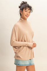 Taupe Draped Oversized Turtleneck Dolman Sleeve Top