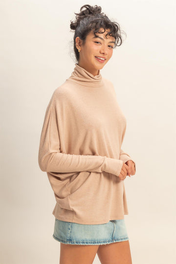 Taupe Draped Oversized Turtleneck Dolman Sleeve Top