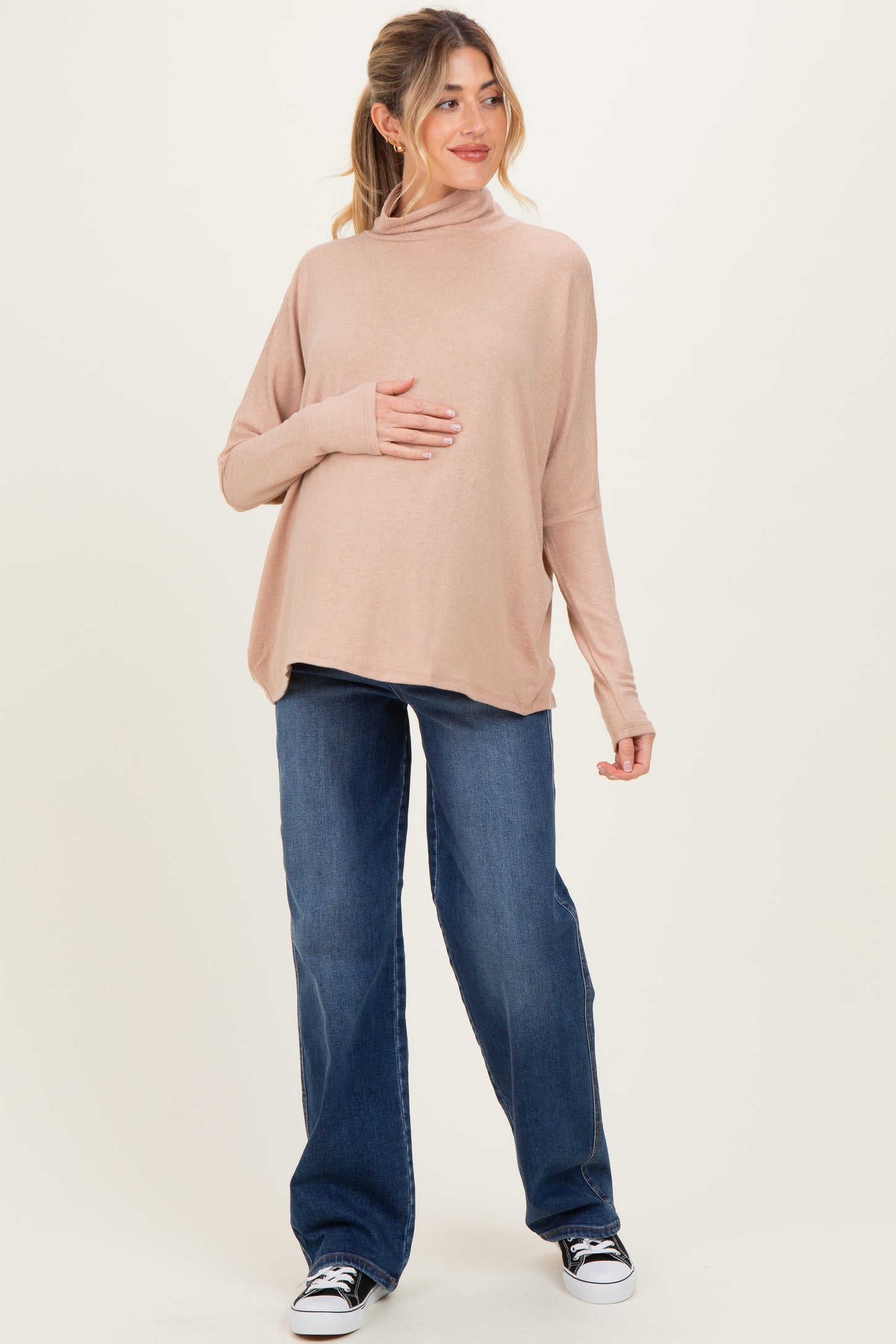 Taupe Draped Oversized Turtleneck Dolman Sleeve Maternity Top