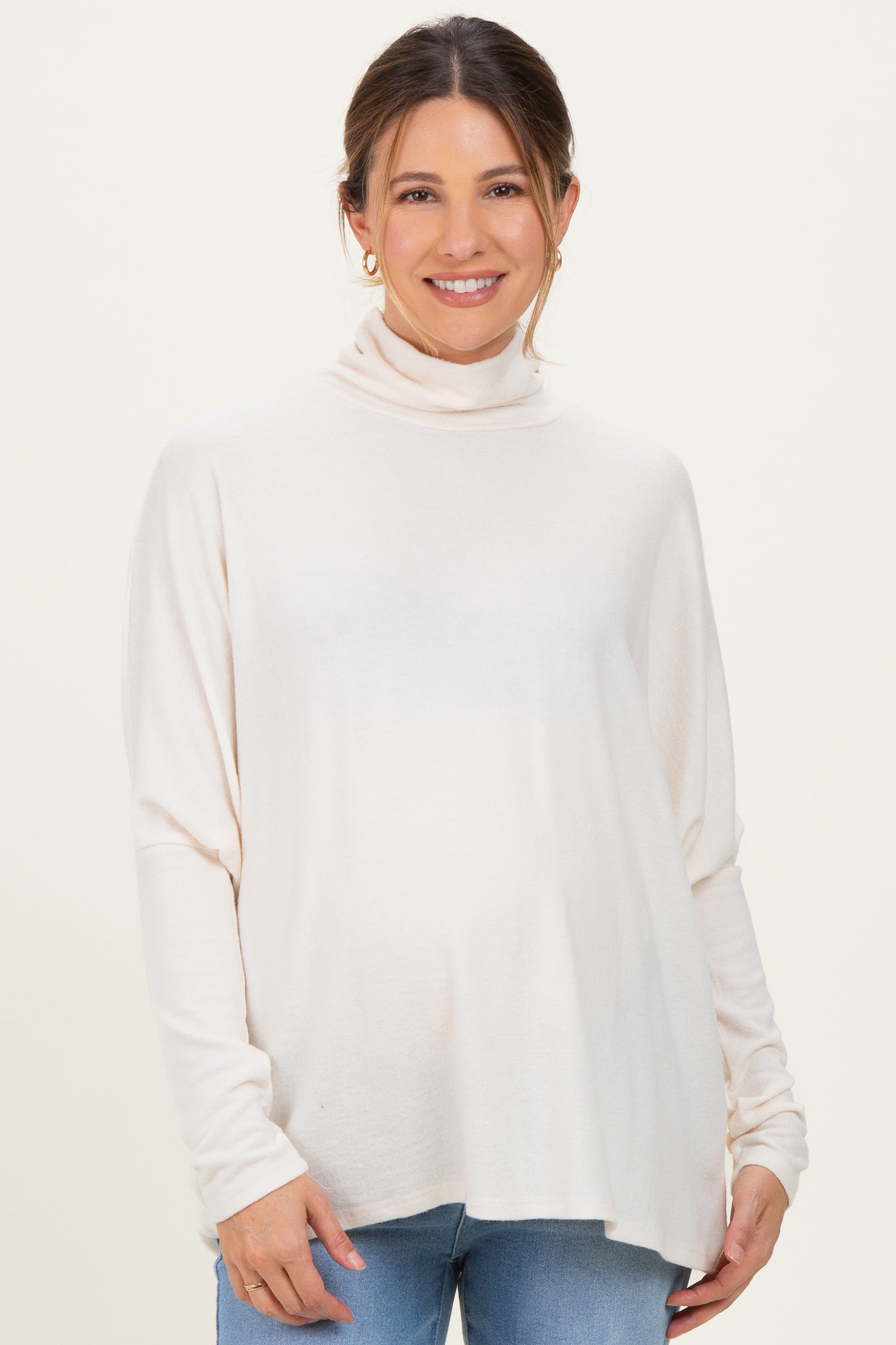 Cream Draped Oversized Turtleneck Dolman Sleeve Maternity Top