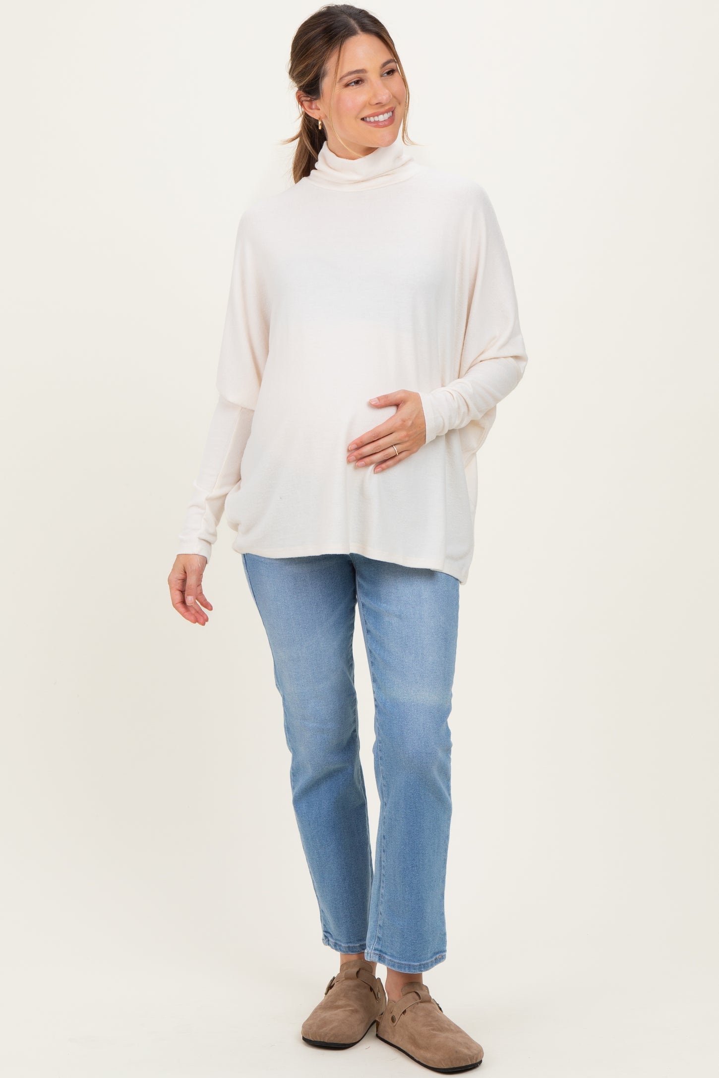 Cream Draped Oversized Turtleneck Dolman Sleeve Maternity Top
