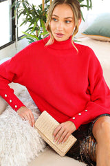 Red Button Accent Turtleneck Sweater