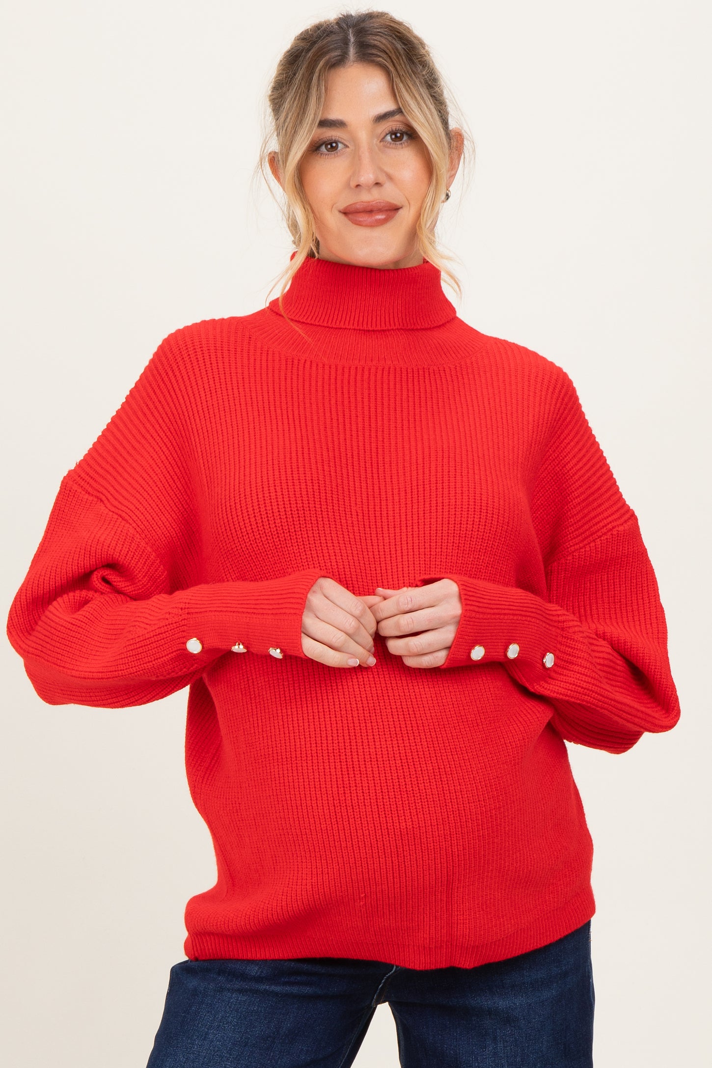 Red Button Accent Turtleneck Maternity Sweater
