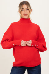 Red Button Accent Turtleneck Maternity Sweater