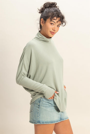 Sage Draped Oversized Turtleneck Dolman Sleeve Top