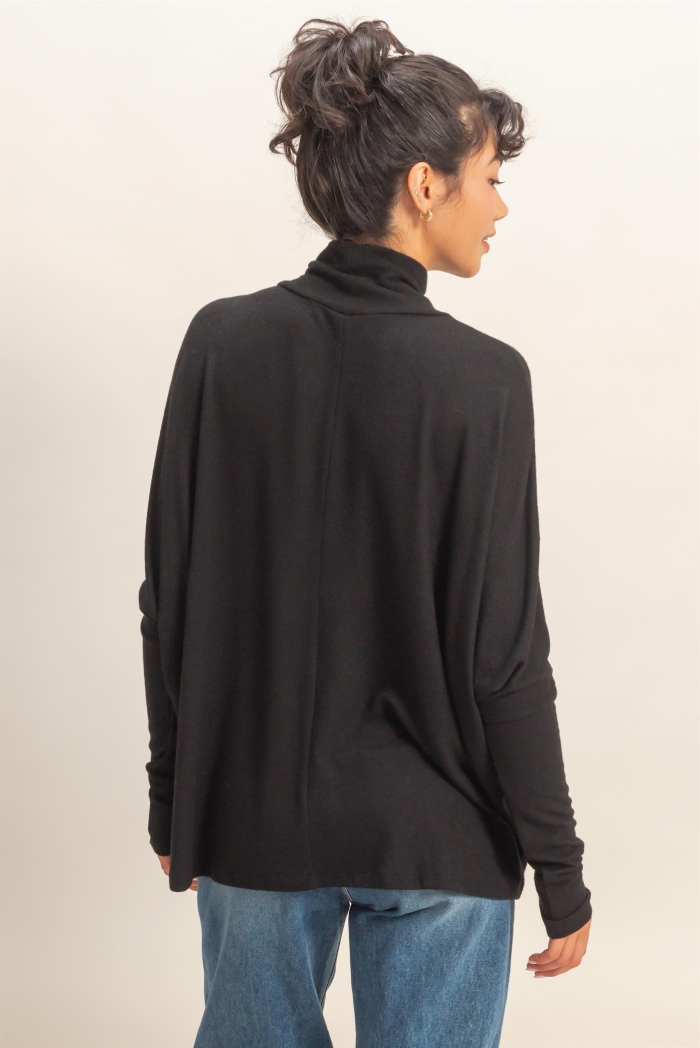 Black Draped Oversized Turtleneck Dolman Sleeve Top