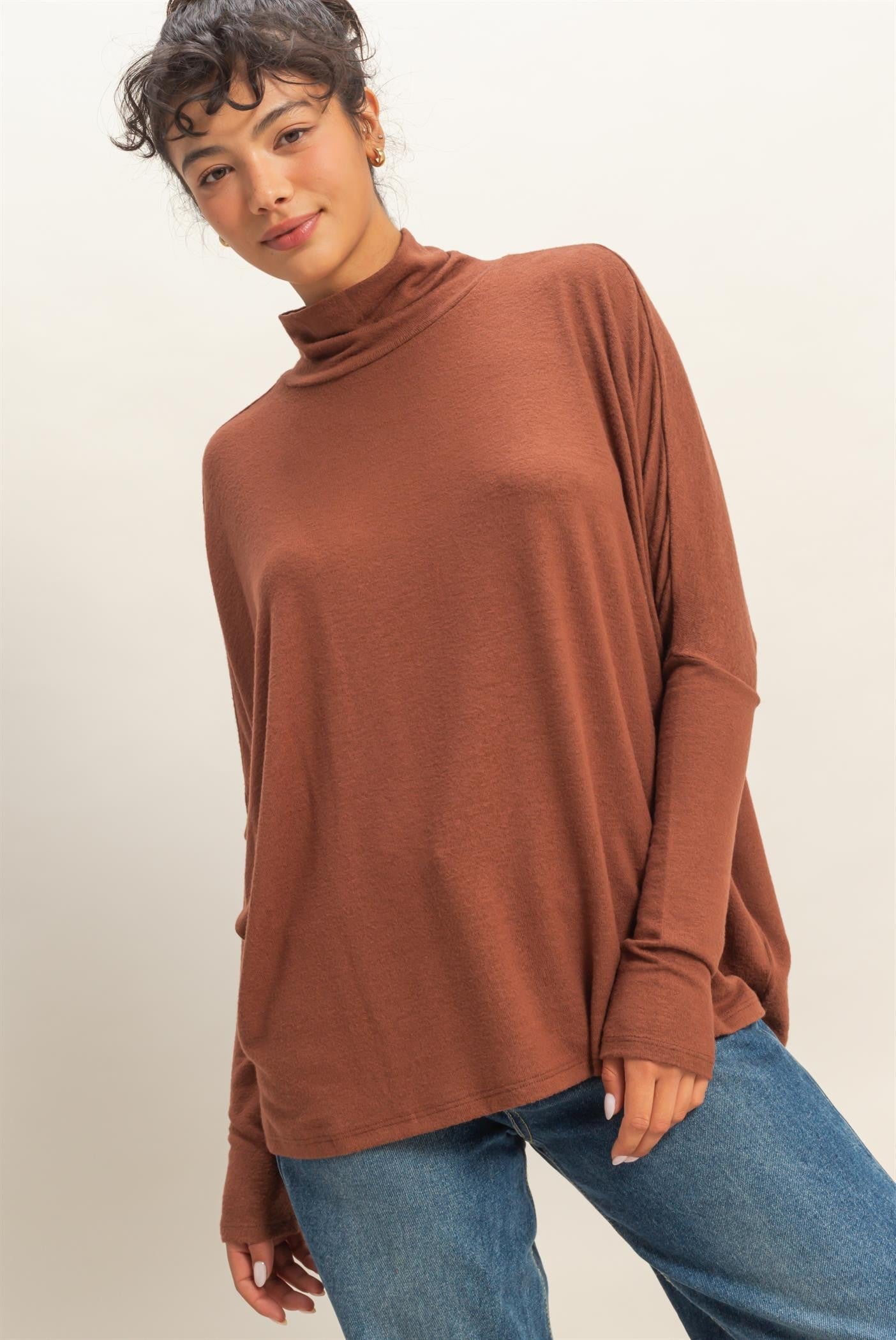 Rust Draped Oversized Turtleneck Dolman Sleeve Maternity Top