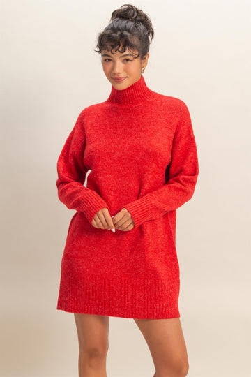 Red High Neck Sweater Mini Dress