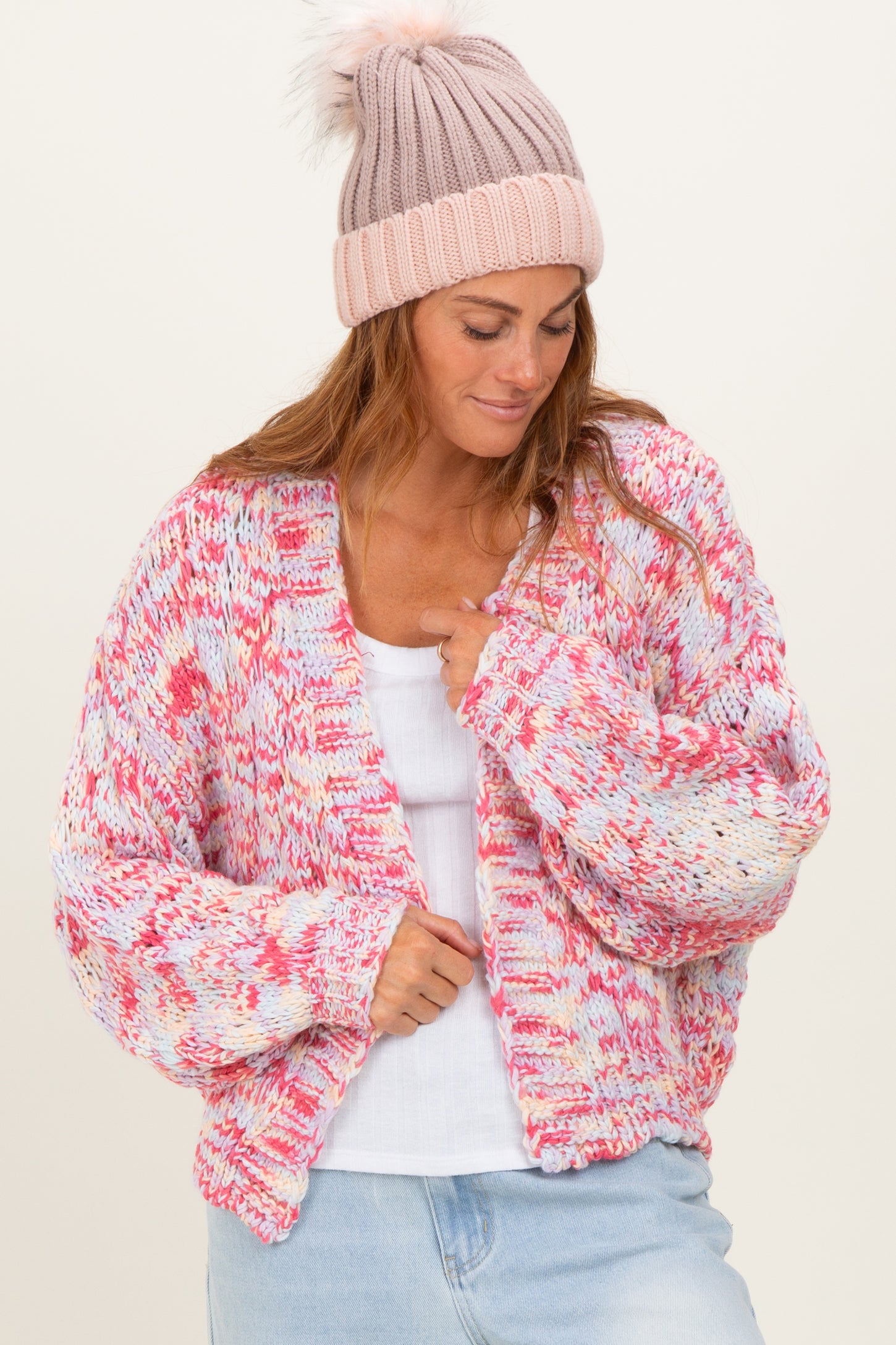 Pink Multicolor Chunky Knit Open Front Maternity Cardigan