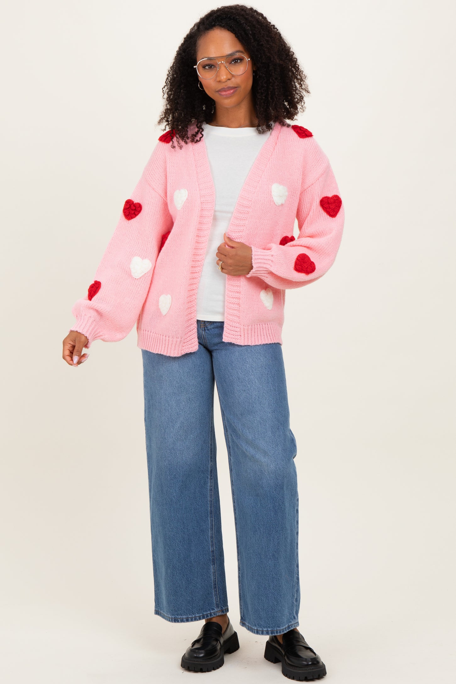 Light Pink Crochet Heart Patch Cardigan