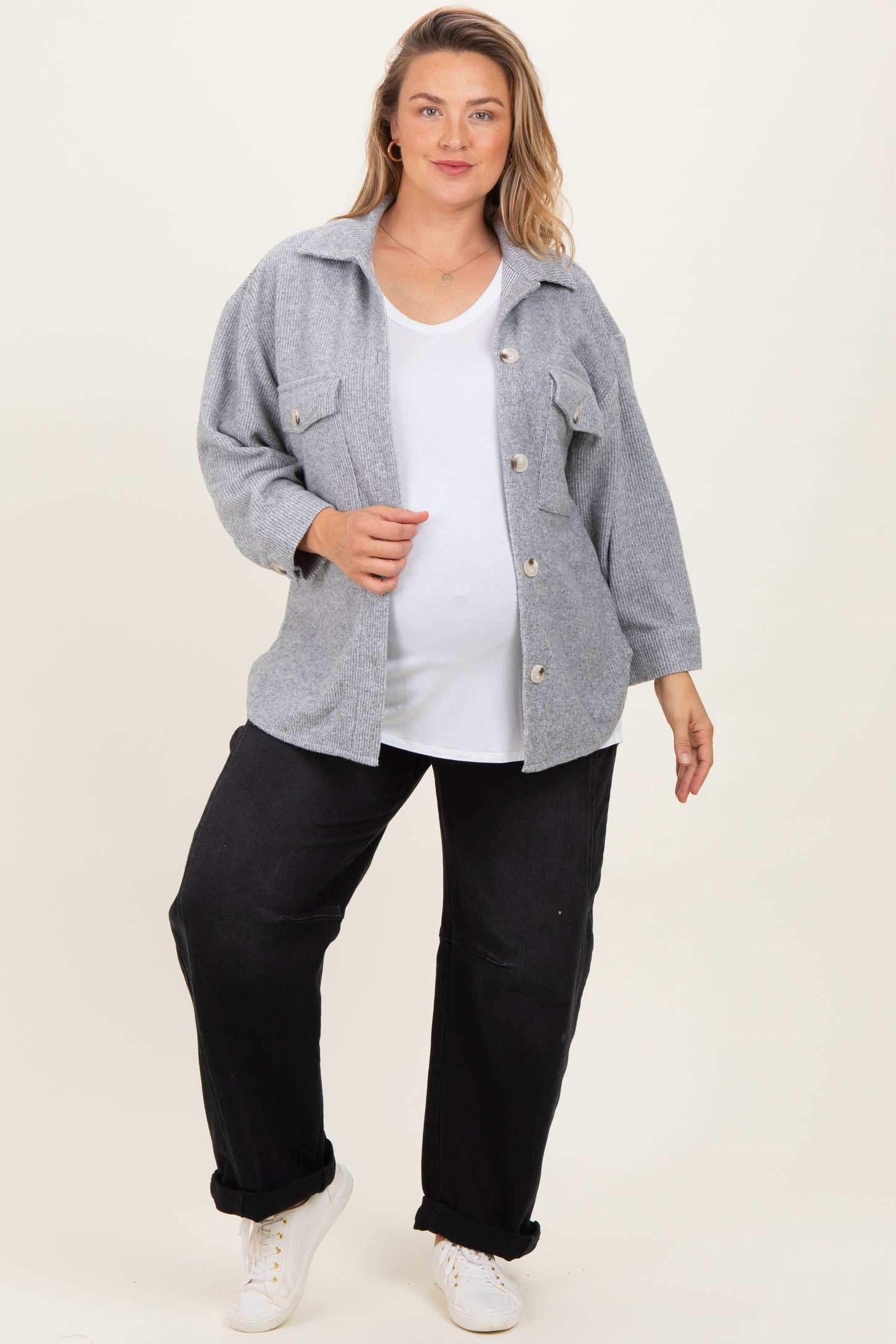 Heather Grey Brushed Knit Maternity Plus Shirt Jacket