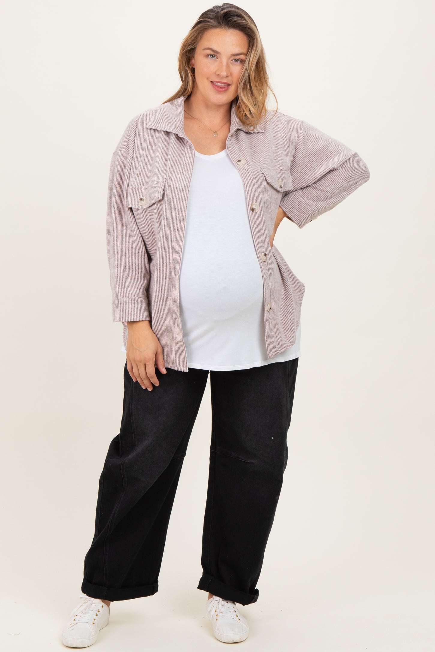 Brown Brushed Knit Maternity Plus Shirt Jacket