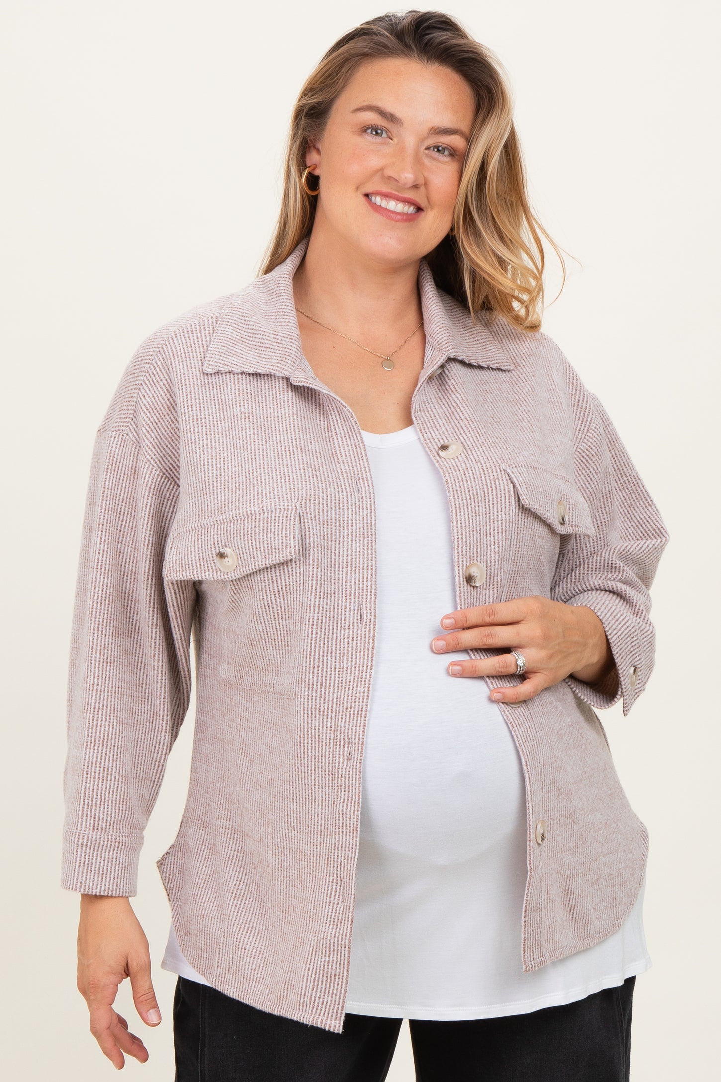 Brown Brushed Knit Maternity Plus Shirt Jacket