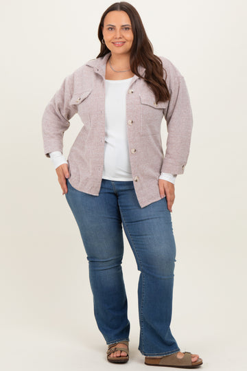 Brown Brushed Knit Plus Shirt Jacket