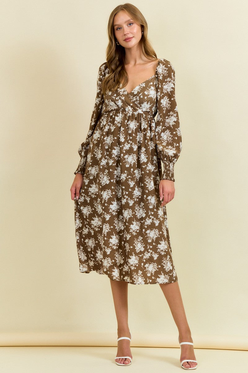 Mocha Floral Crossover Neckline Maternity Midi Dress