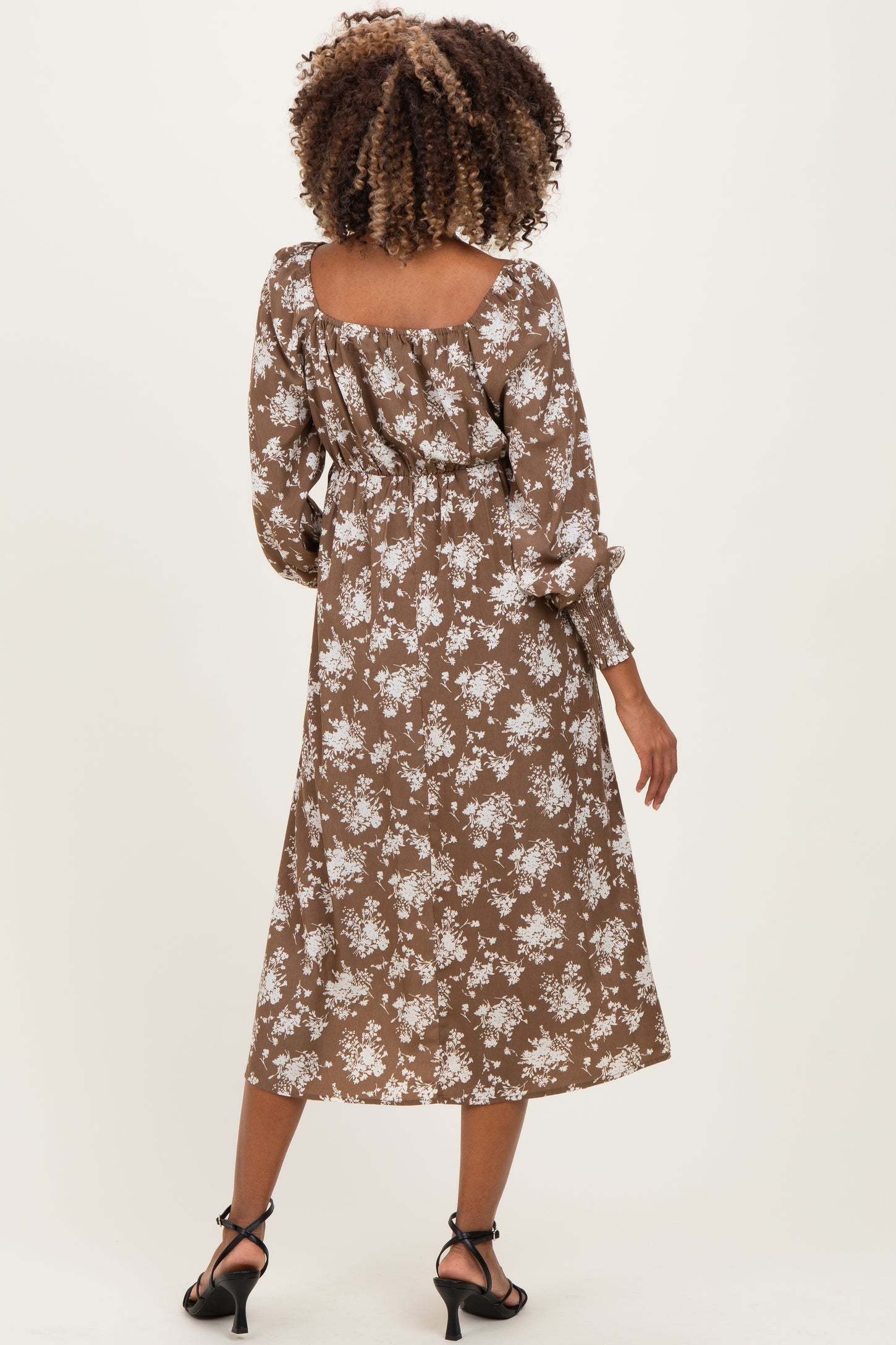 Mocha Floral Crossover Neckline Maternity Midi Dress