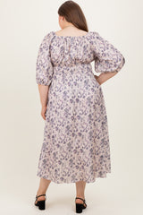Light Pink Floral Puff Sleeve Smocked Waist Maternity Plus Midi Dress