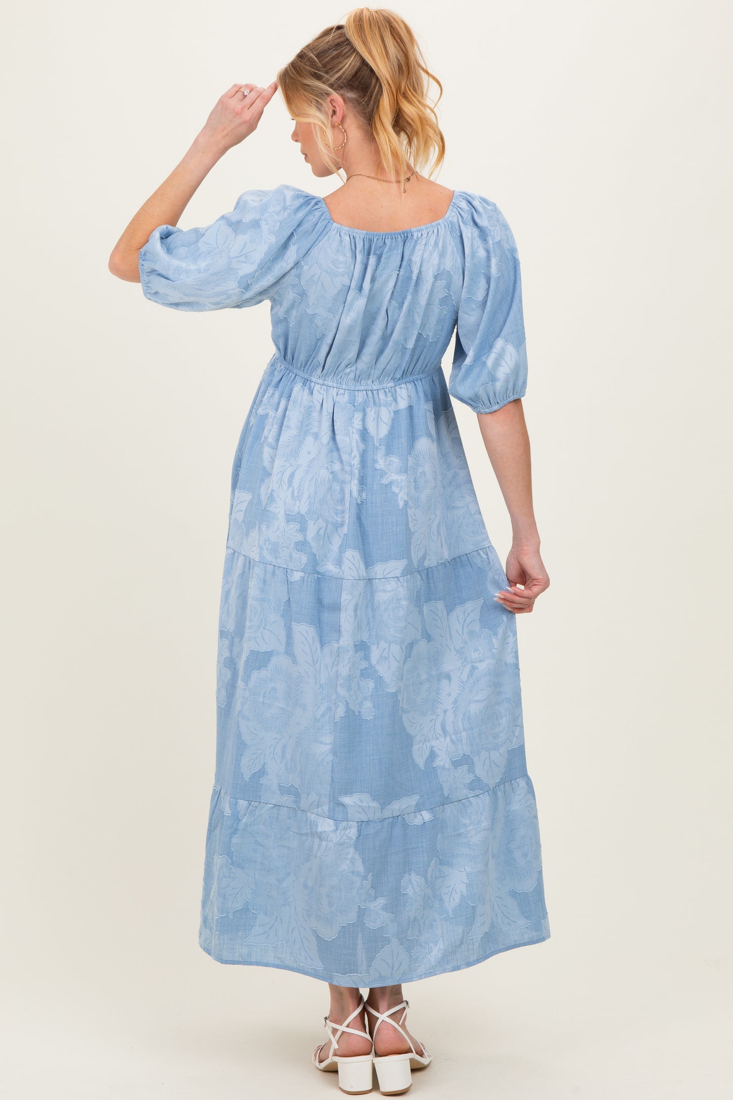 Light Blue Floral Textured Tiered Midi Maternity Dress