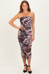 Mauve Floral Mesh Strapless Ruched Midi Dress