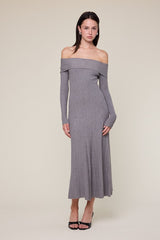 Heather Grey Ribbed Knit Off Shoulder Maternity Midi Dress
