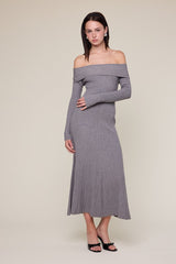 Heather Grey Ribbed Knit Off Shoulder Midi Dress