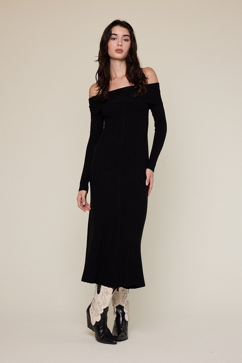 Black Ribbed Knit Off Shoulder Midi Dress