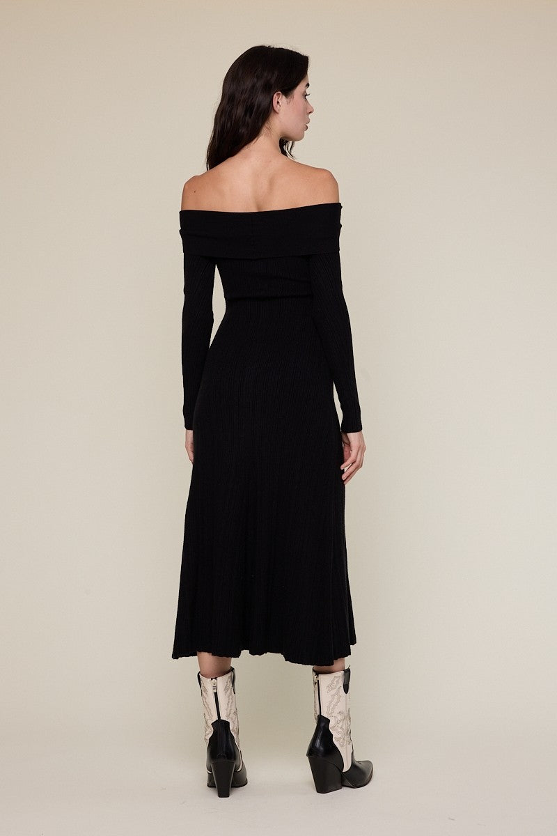 Black Ribbed Knit Off Shoulder Midi Dress