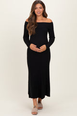 Black Ribbed Knit Off Shoulder Maternity Midi Dress