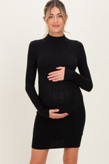 Black Cable Knit Mock Neck Maternity Mini Dress