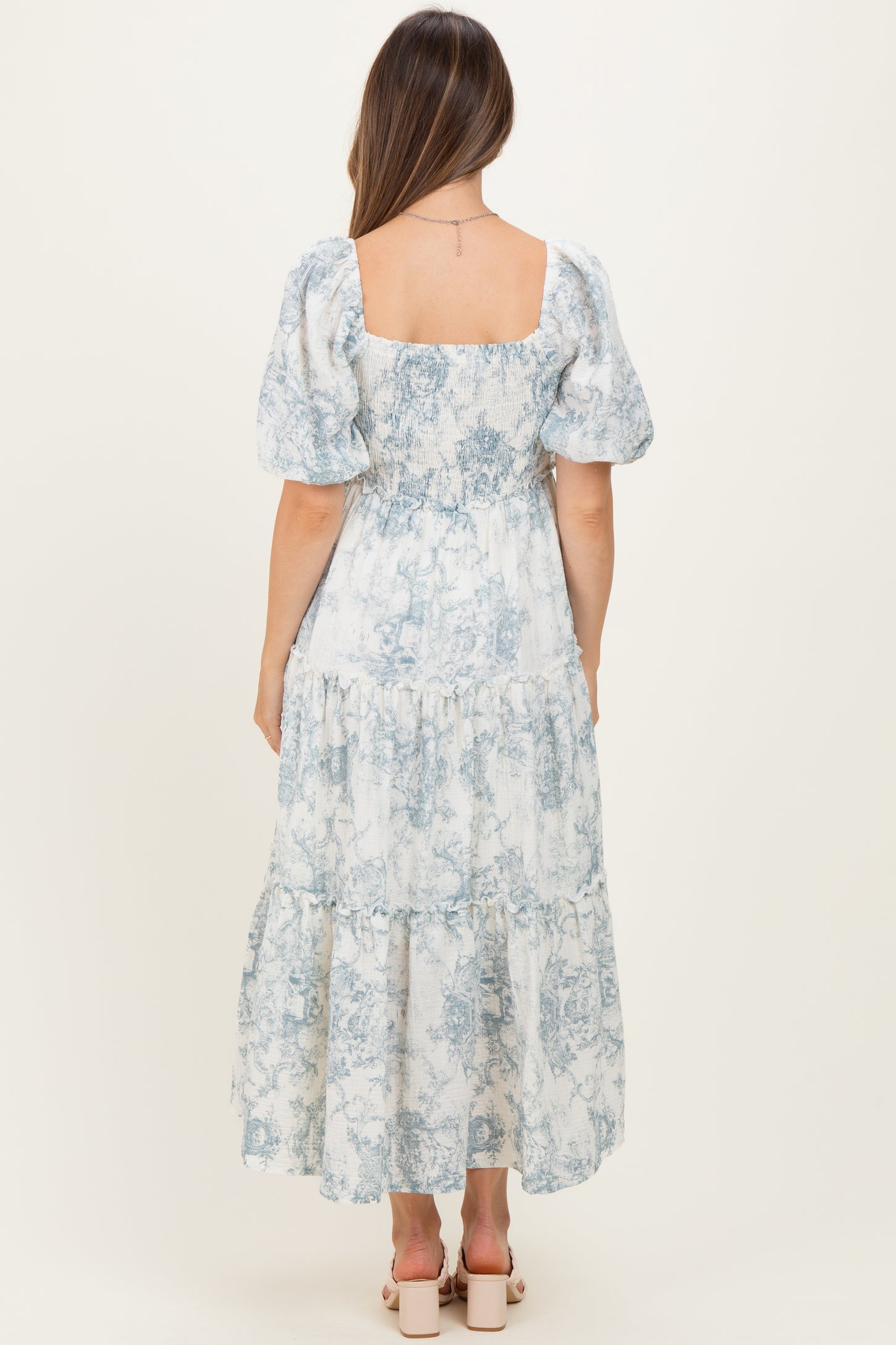 Blue Vintage Floral Puff Sleeve Tiered Maternity Maxi Dress