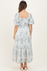 Blue Vintage Floral Puff Sleeve Tiered Maternity Maxi Dress