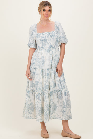 Blue Vintage Floral Puff Sleeve Tiered Maxi Dress