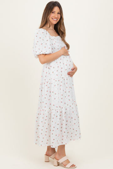 White Floral Puff Sleeve Tiered Maternity Maxi Dress