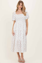 White Floral Puff Sleeve Tiered Maternity Maxi Dress