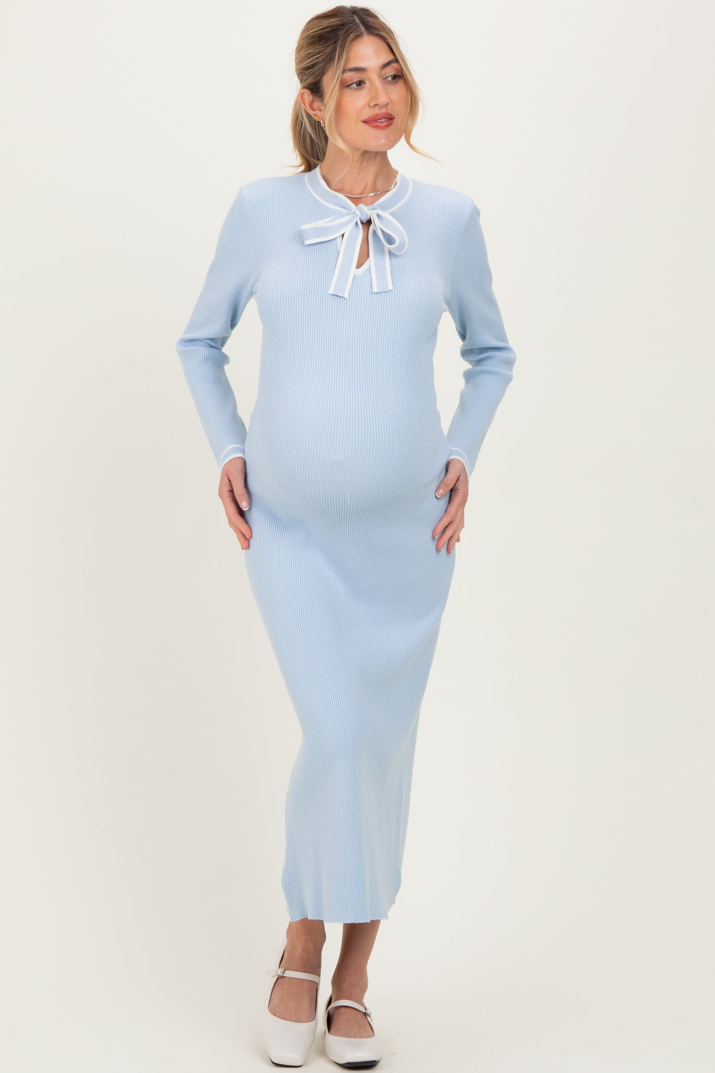 Light Blue Ribbed Knit Tie Neck Maternity Sweater Dress