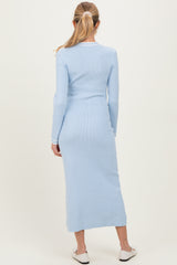 Light Blue Ribbed Knit Tie Neck Maternity Sweater Dress